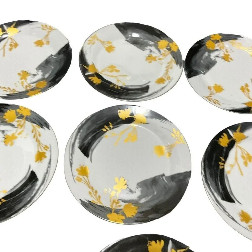 VTG Fitz & Floyd Carmen Floral Black/Gold Stripes‎ Dinner/Salad Plates Set of 8